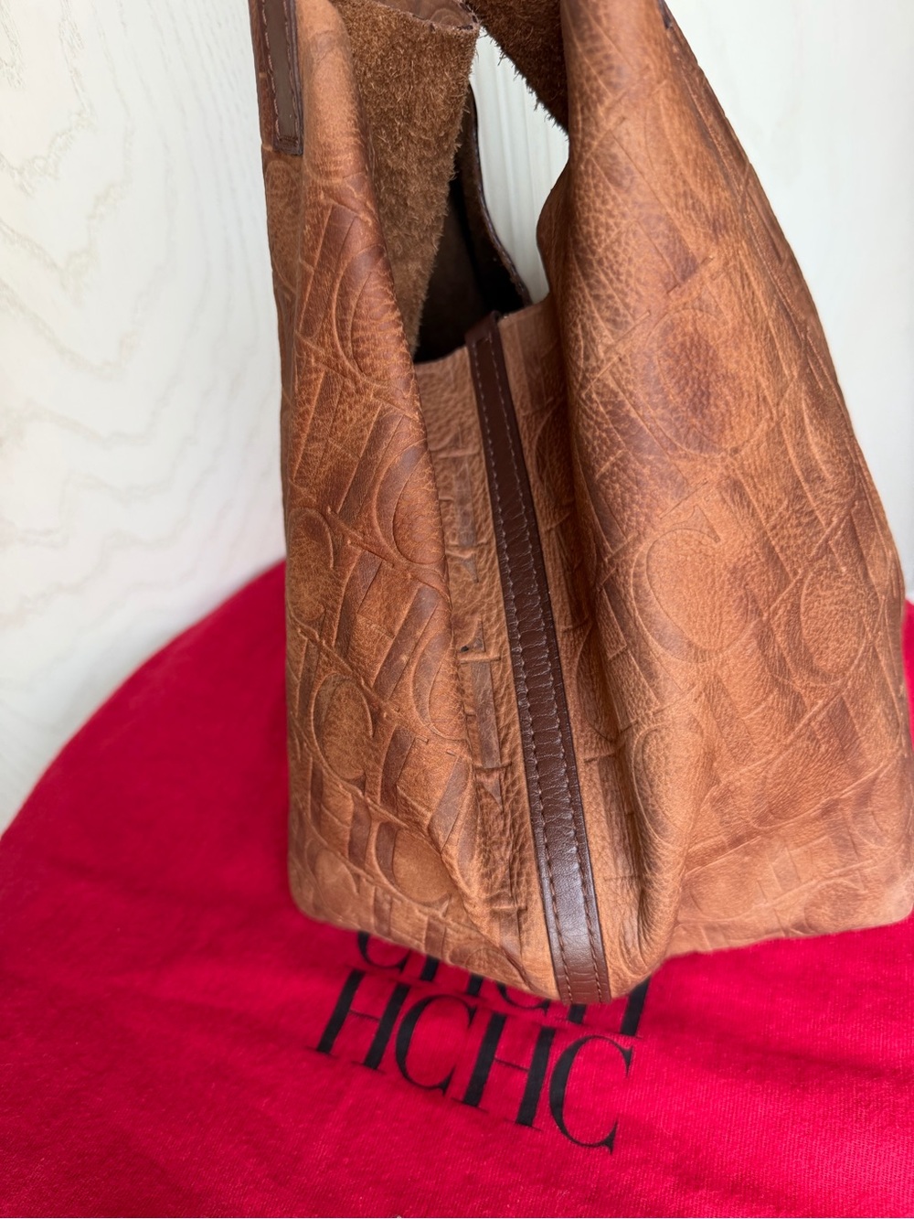 Carolina Herrera Tan Embossed CH Monogram Shoulder Tote Bag - Picture 11 of 14